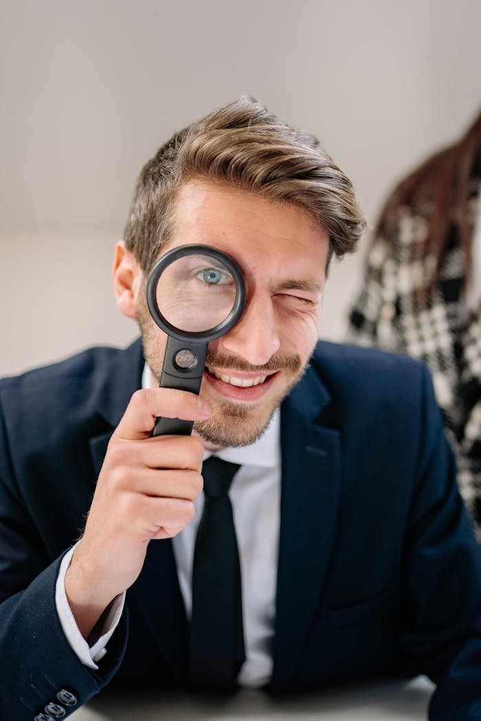 contact-img A cheerful businessman in a blue suit holding a magnifying glass to his eye, adding a playful touch.